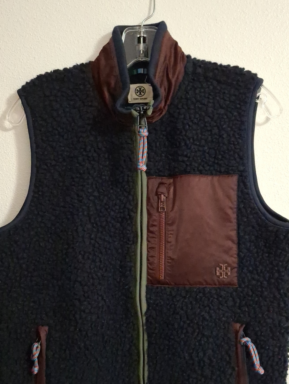 Tory Burch Sport fleece Vest Blue/ Burgandy Full Zip Size Medium